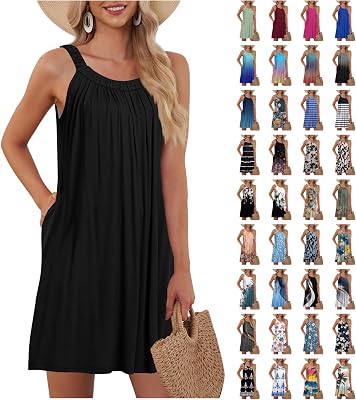 Sun Dress for Women 2025 Elegant Classy Summer Beach Floral Casual Knee Length Tank Dresses with Pockets
