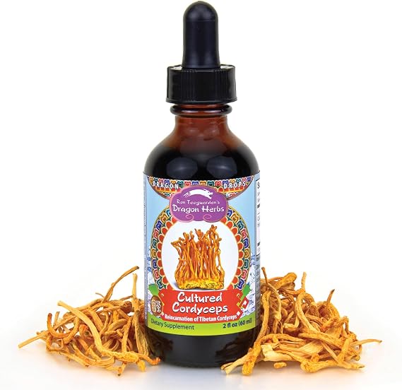 Dragon Herbs Cultured Cordyceps Drops Tibetan Wild Strain Mushroom Supplement Deep Rejuvenation, Lung & Brain Power, Stamina Triple Extractions Cordycepin Vegetarian, 2 fl oz 60ml Tincture