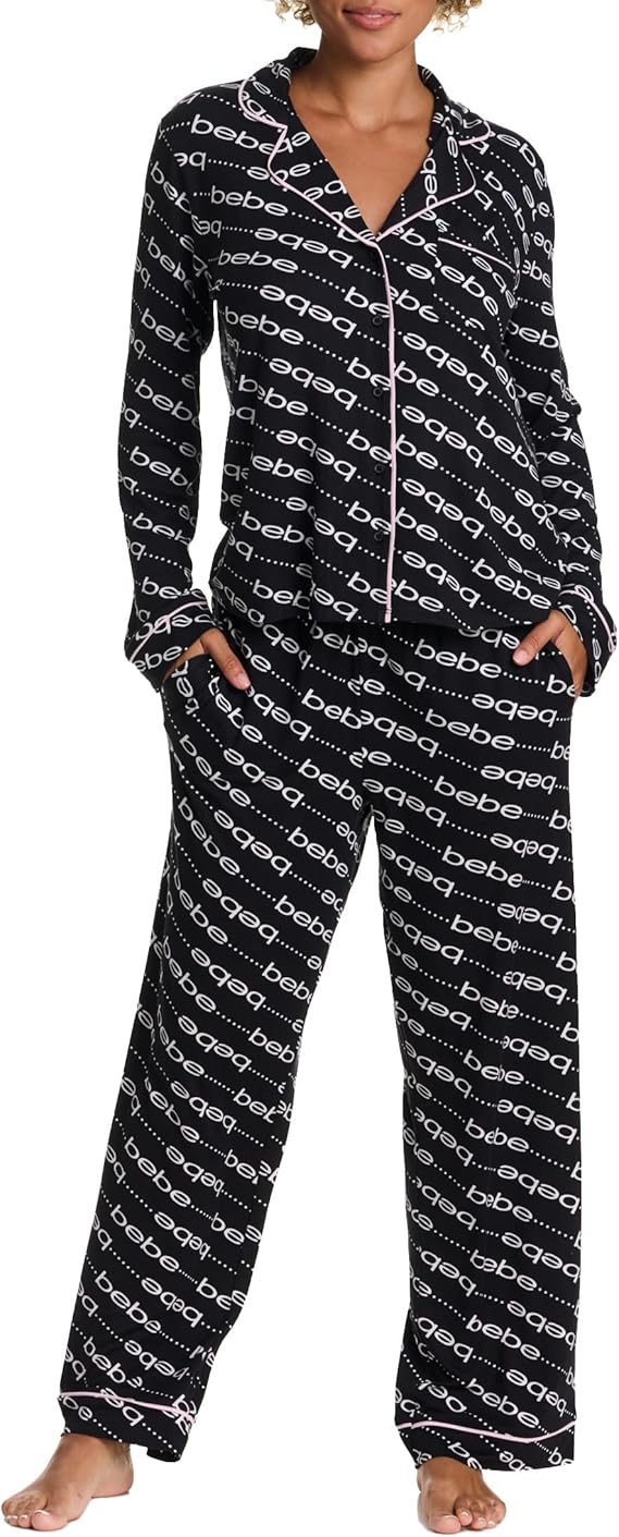 bebe Button Down Pajamas for Women, Long Sleeve Button Up Pajamas with Pants, Ladies Sleepwear PJ Set