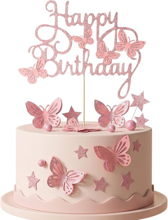 Nogeqi 13PCS Pink Happy Birthday Cake Topper with 3D Butterfly Cupcake Toppers, Giltter Pink Butterfly Cake Decorations for Women Girls Birthday Party Cakes Decorations