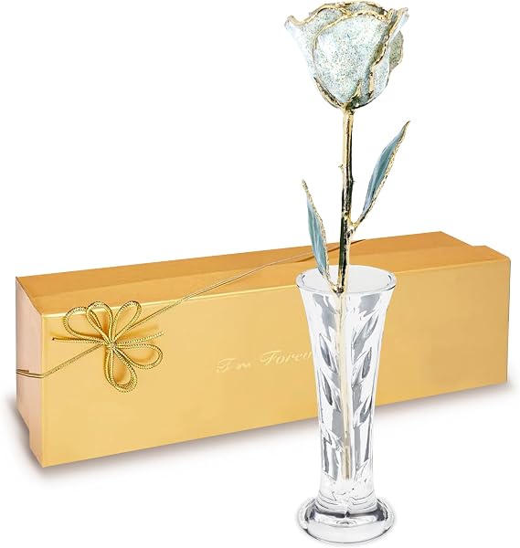 Forever Rose Hand-Dipped in 24K Gold, White Pearl-Inspired June Birthstone, Real Rose in Luxury Gold Gift Box & Clear Glass Bud Vase Perfect Ready to Gift for June Birthday or Any Occasion