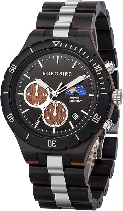 BOBO BIRD Mens Quartz Wooden Watches Stainless Steel Red Sandalwood Alloy Wood Watch for Male Classic Function Wristwatch Chronograph Luminous Hands Day and Night Date Display