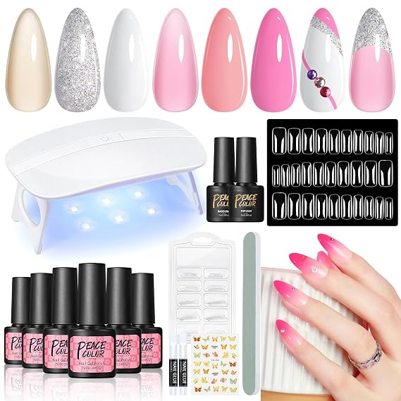 PEACECOLOR Gel Nail Polish Kit with U V Light, 6 Colors White Nude Pink Jelly Sliver Glitter Gel Polish Kit 50PCs False Tips Base Top Coat Nail Art Stickers Manicure Tools Salon DIY Home for Women
