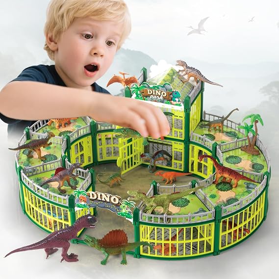 Dinosaur Playground Toy Set 215PCS – 18 Realistic Dinosaurs, Build Your Own Dinosaur Park, Interactive Play with Openable Cage & Battle Station, for Boys & Girls, Enhance Kids’ Creativity