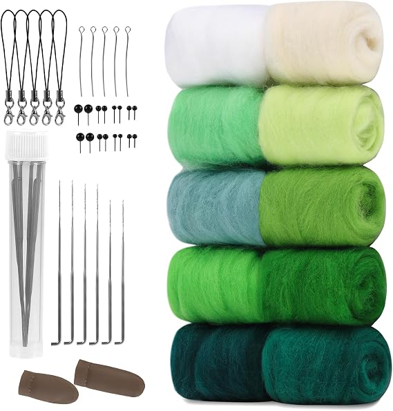 ZXIIXZ 100g Needle Felting Wool Felting Kit with Needles Wool Roving | 10 Colors Roving Wool Felt Kit in Green Series for Spinning DIY Crafts