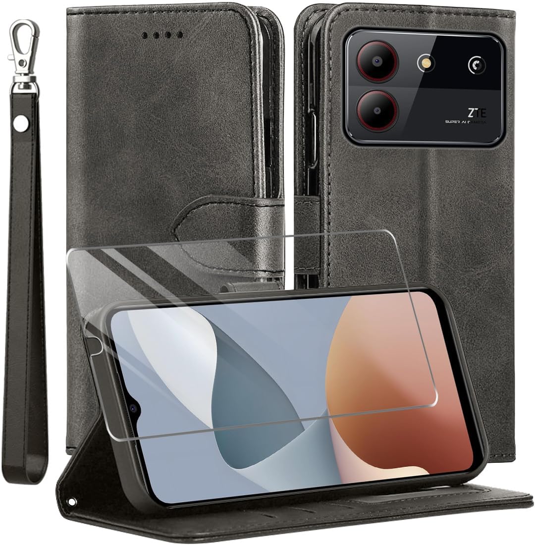 MQERYBV Compatible with ZTE Blade A54 Case Leather Flip Shockproof Mobile Phone Case Magnetic Protective Case Silicone TPU [Card Slot] [Stand Function] [1 x Screen Protector] Case - Black