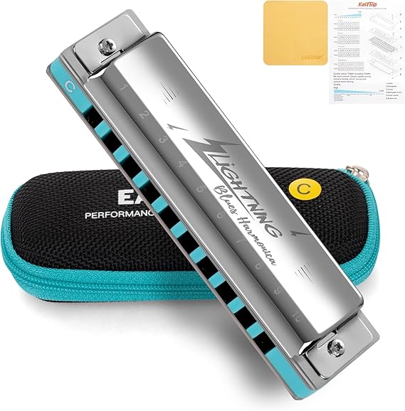 East top Harmonica Advanced Blues Harmonica Key C 10 Holes Mouth Organ with Silver Cover Diatonic Harmonica for Adults Professionals and Students