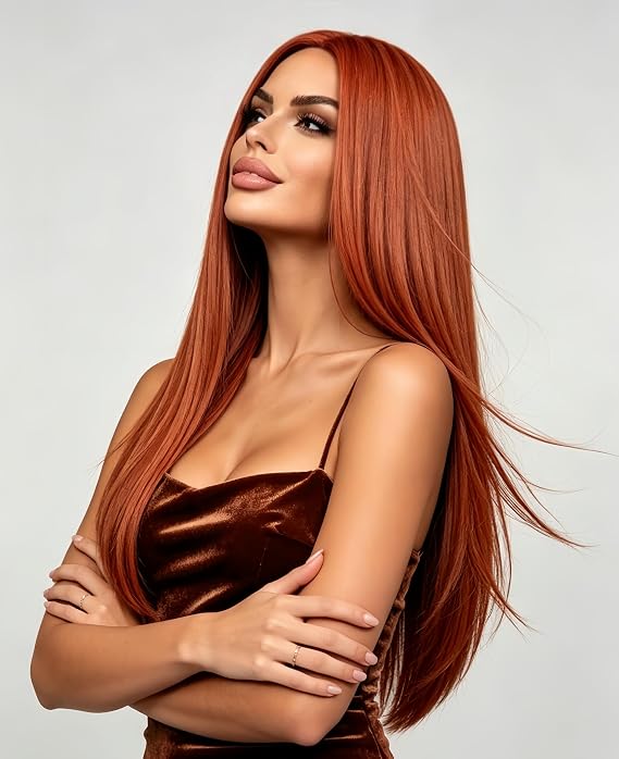 Rugelyss Long Straight Auburn Wig 22 Inches Copper Red Synthetic Hair Ginger Wigs for Women Suitable For Daily Life or Party with Wig cap
