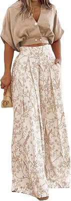 Two Piece Sets for Women Summer Short Sleeve V Neck Sexy Crop Tops Matching Print Wide Leg Pants Set Lounge Sets