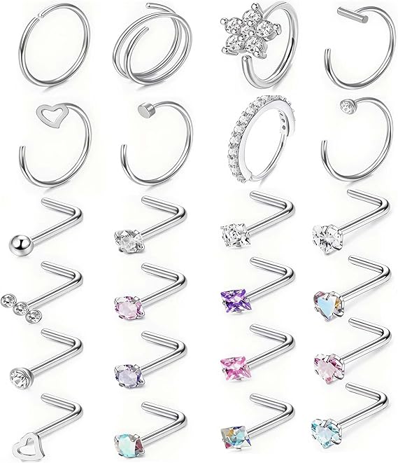24 Piece silver Nose Ring, L Shaped Nose Studs and Tragus Piercing Jewellery Suit, Bring Jewelry Noses Piercing Accessories, Fake Noses Rings Silver Can Be Women Men Gift
