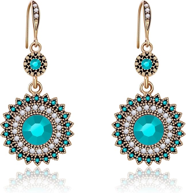 AILUOR Vintage Round Blue Sapphire Sunflower Dangle Earrings Women Unique Retro Colourful Ethnic Bohemian Earrings Jewellery for Women