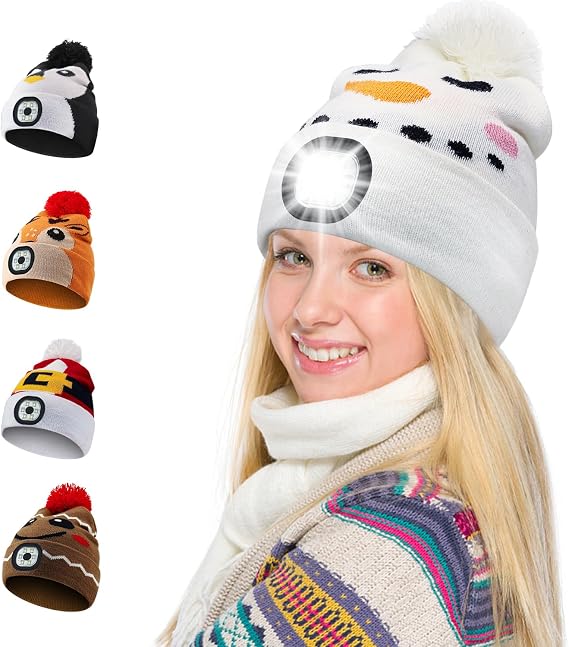 LED Beanie with Light for Adults, USB Rechargeable Headlamp Cap Unisex Winter Warm Knit Night Light Hat for Camping Running