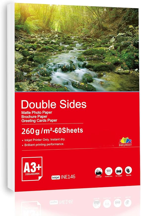 260Gsm A3 Plus A3+ Double Sided Matte Thick Photo Paper 60Sheets Inkjet 13x19 Matt Printable for Menu, Calendar Inkjet Printable, Cards.