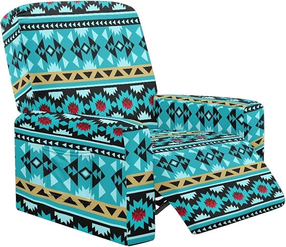 Aztec Blue Rhombus Recliner Chair Covers, Breathable Recliner Slipcovers with Elastic Straps Lazy Boy Chair Cover Washable