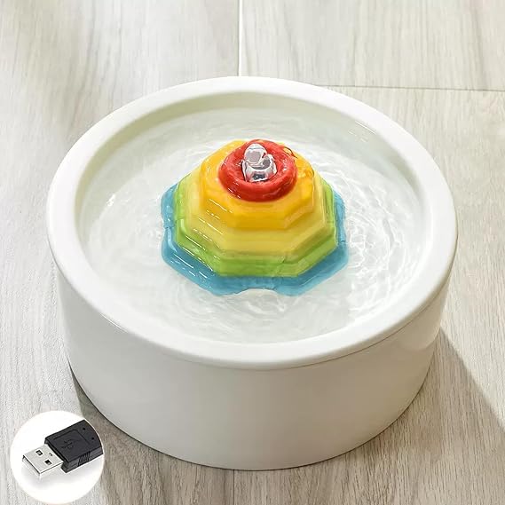 Ceramic Cat Water Fountain Rainbow Cats Tower Water Dispenser 1.5L/50.73oz Dog Water Bowl Dispenser Cat Fountain for Cats Indoor Ultra Quiet Pump Pets Water Bottle Round