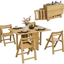 Folding Dining Table Set with 4 Chairs, Space-Saving Drop Leaf Table with Storage & 4 Wheels, Multifunctional Expandable Kitchen Table for Kitchen, No Assembly Required