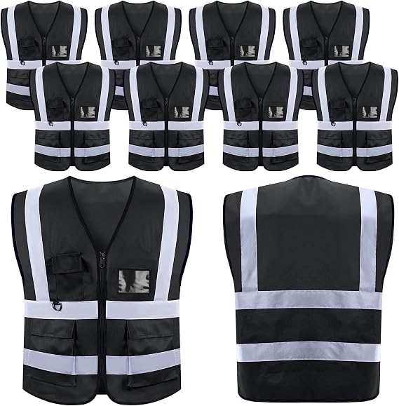 Jeffbaubl 10 Pcs Reflective Vest, High Visibility Construction Vest, Reflective Vests with Pockets and Zipper, Work Vests for Men Women(Black)