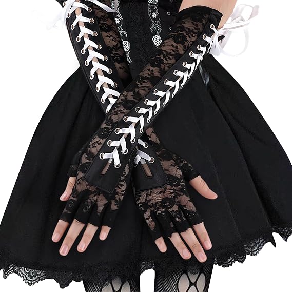 Fingerless Lace Gloves Goth Long Elbow Arm Sleeves for Women