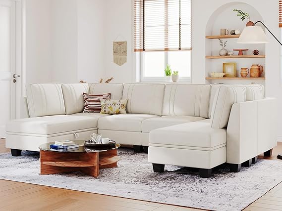 Belffin Sectional Couch with Storage Ottoman, Convertible U-Shape Sectional Couch for Living Room, Beige