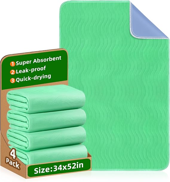 Bed Pads Washable Waterproof, Reusable Underpads, 34" 52" (Pack of 4) | Washable, Waterproof, Extra Heavy Absorbency, Reusable
