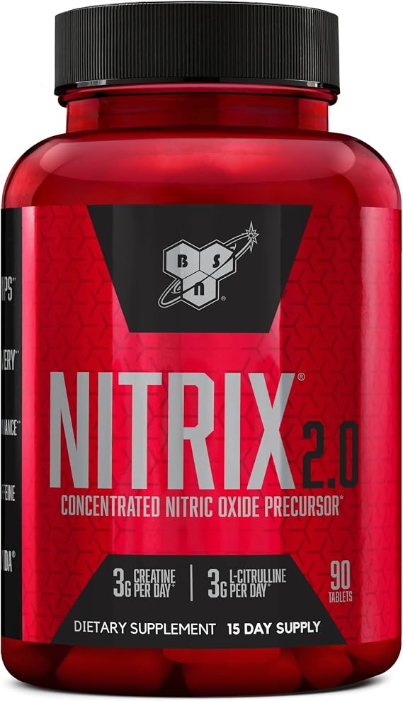 BSN NITRIX 2.0, Workout Supplement, Nitric Oxide Precursors, 3g Creatine, 3g L Citrulline, L-Citrulline, Supports Workout Performance, Pumps, Muscle Recovery and Endurance, 90 Tablets, 30 Servings
