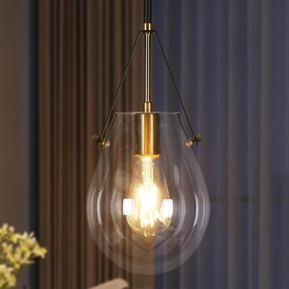 Modern Black Gold Pendant Lights, 1-Light Pendant Light Kitchen Island with Clear Glass Shade Adjustable Hanging Light Fixtures for Dining Room Living Room Entryway Hallway
