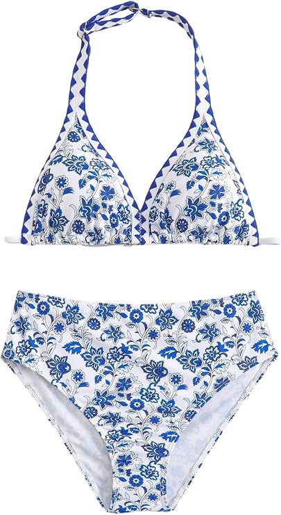 BEAUDRM Girl's 2 Piece Floral Print Swimsuits Halter Triangle Bikini Boho High Waisted Bathing Suit