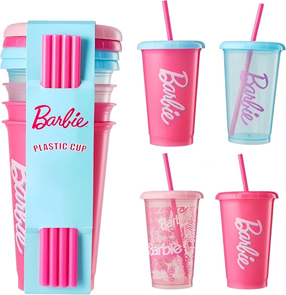 MINISO Barbie 16oz Iced Coffee Cups with Lids & Straws Set of 4 Reusable Plastic Tumblers BPA Free Cup for Cold Drinks, Milkshake, Smoothie, Juice, Water, Travel and Party Favors gift