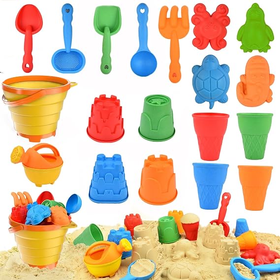 Beach Toys Set for Kids, Collapsible Sand Bucket and Shovels Set with Watering Can,Mesh Bag, Ice Cream &Animal Sand Molds,Travel Beach Toys for Toddler Boys Girls Age 3 4 5 6 7 8+
