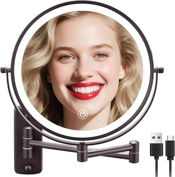 DECLUTTR 9 Inch Wall Mounted Lighted Makeup Mirror, Double-Sided Magnifying Mirror 1x/10x, 3 Colors Lighted Makeup Mirror, Touch Dimmable 360 Rotation Foldable Light Up Mirror, Bronze