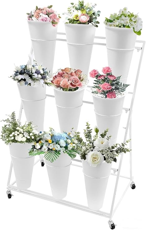 Flower Display Stand, 2 Layers Heavy Duty Metal Moving Wrought Iron Bouquet Shelf, Iron Florist Flower Display Stand With Plastic Buckets And Wheel, For Garden, Courtyard(Size:3 Tier 9 White Bucket)