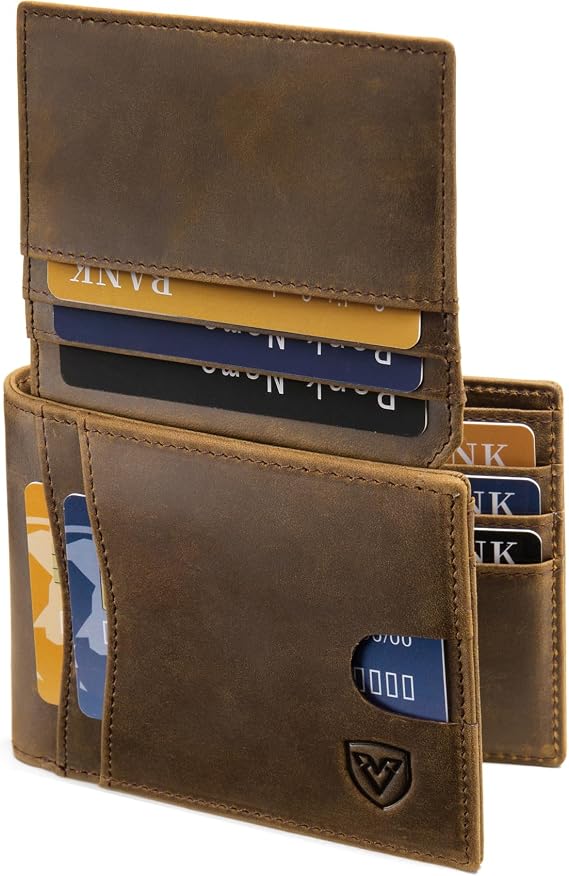 Full Grain Leather Wallet for Men | RFID Blocking | Extra Capacity Bifold Wallet with 2 ID Windows | Ultra Strong Stitching | Slim Billfold with 14 Card Slots | Gift for Him Crazy Horse Brown