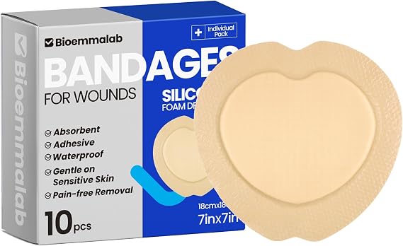 Large Waterproof Bandages 7x7 Silicone Foam Dressings Bed Sore, 10 PCS | Bioemmalab Wound Dressing, Adhesive Bordered Pads, Bed Sore Pressure Relief Sacral Buttocks, Showering, Sterile Sacrum Care
