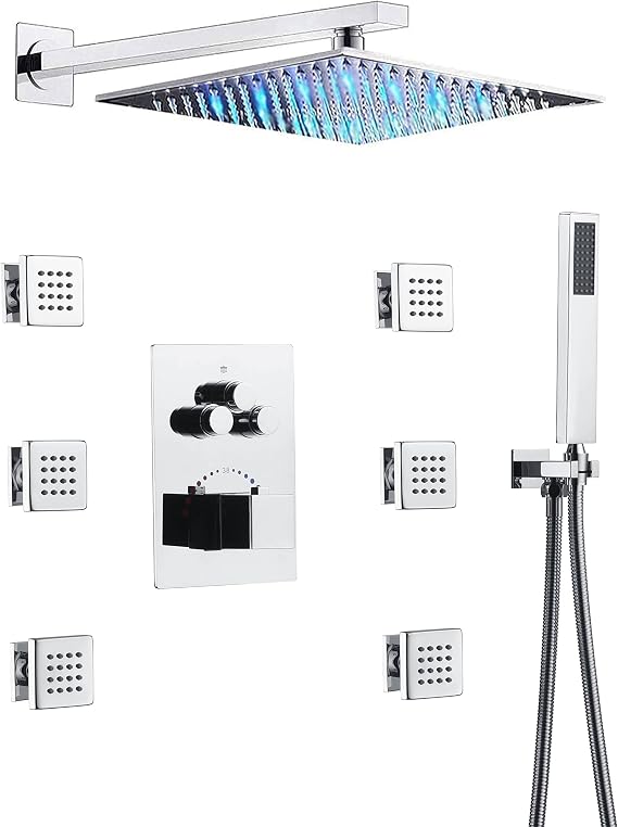 Chrome Wall Mount 12 Inch LED Light Shower Head 3 Way Thermostatic Shower Faucet with 6 Body Jets Each Function Work All Together and Separately