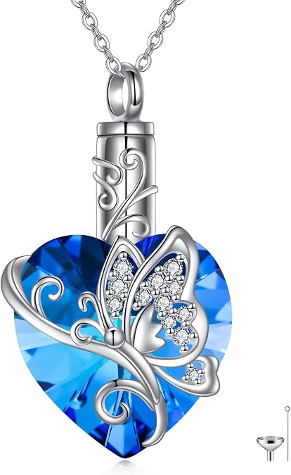 MONGAS Butterfly Urn Necklace for Ashes for Women 925 Sterling Silver Heart Crystal Condolence Cremation Jewelry Remembrance Gift for Loss