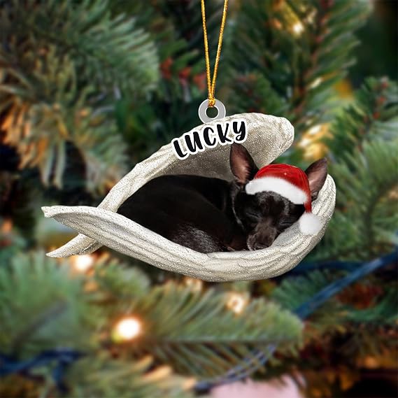 Black Chihuahua Sleeping Angel Christmas Flat Acrylic Ornament Memorial Gift, Custom Name, Personalized Christmas Tree Decor for Dog Lovers
