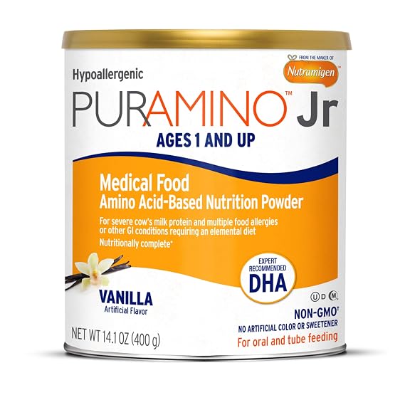 PurAmino Junior Vanilla, Hypoallergenic Amino Acid based Powder for Severe Food Allergies and GI conditions, Nutritionally Complete for Ages 1 and older, 14.1oz can