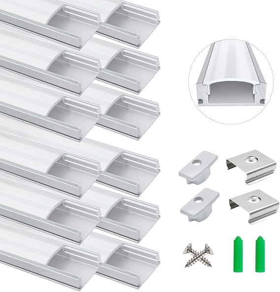 LightingWill 12-Pack LED Aluminum Profile, 3.3ft/1Meter LED Aluminum Channel Silver U-Shape LED Diffuser with Milky White Cover, End Caps and Mounting Clips for LED Strip Lights
