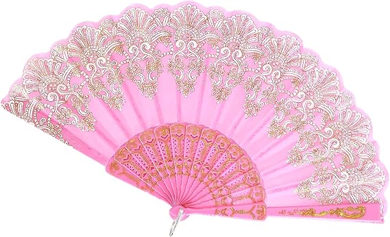 Folding Fan Handheld Silk Fabric With Lotus Pendant, Spanish Style Hand Fans for Wall Decoration, Wedding Birthday Gifts (Pink)
