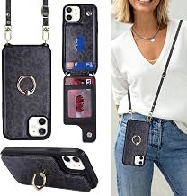 for iPhone 12 Mini Case with Card Holder and Strap for Women,Crossbody Lanyard,Kickstand Ring Stand,Snap Clasp,RFID Blocking,Cute Phone Wallet Cases 5.4 inch(Black Leopard)