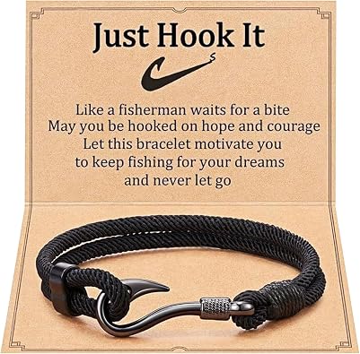 OIDEA Fish Hook Bracelet for Men Women: Adjustable Stainless Steel Nylon Braided Wrap Rope Bracelet Just Hook It Fishing Gifts for Fisherman with Message Card