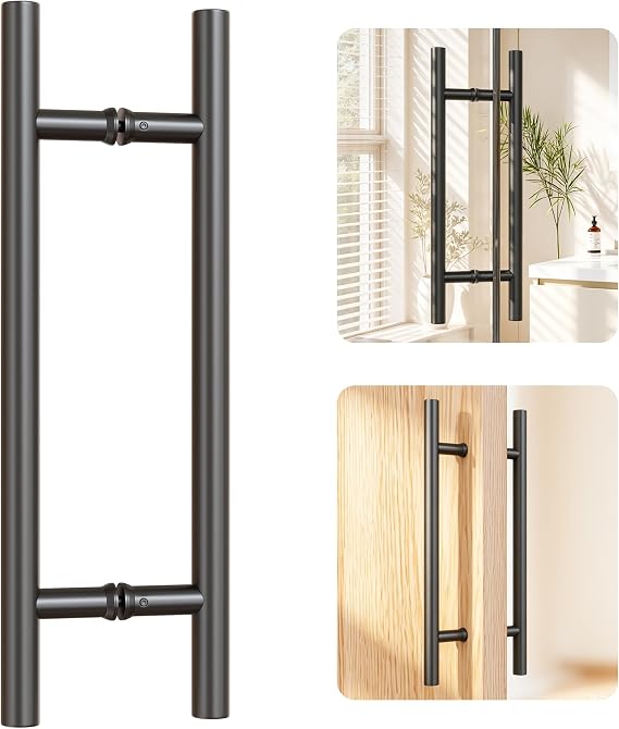 Ranbo 18" Overall Length Anti-Fingerprint Matte Black Back-to-Back Door Pull Handle, 11-13/16" (300 mm) Hole Spacing, 1.2 mm 304 Stainless Steel for Shower Glass, Barn and Wood Doors
