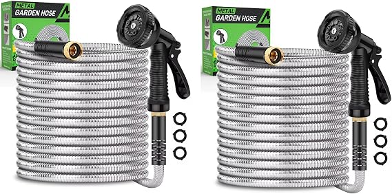 50ft and 100ft Garden Hose, Heavy Duty Stainless Steel Water Hose with 10 Functional Nozzles, No Kink, Lightweight and Flexible, Easy to Use and Store, Strong and Sturdy, Suitable for Yard and Lawn