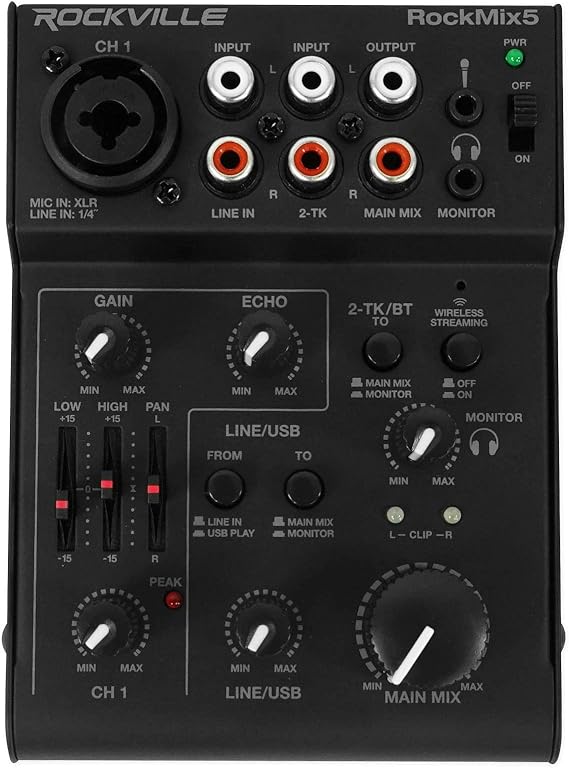 Rockville RockMix 5 Channel Pro Mixer with USB, Bluetooth, Echo, EQ