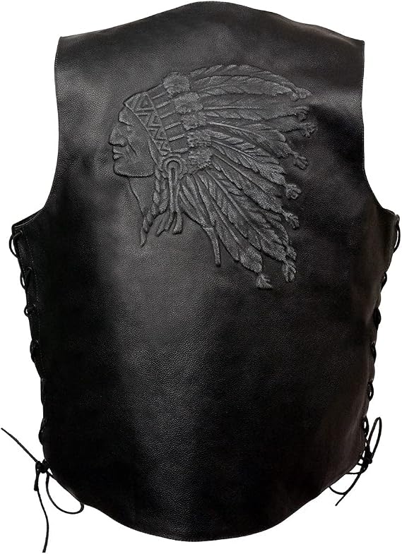 EVENT LEATHER ELM3900 Men's Motorcycle Riders Black Leather Vest with Embossed Native American Head