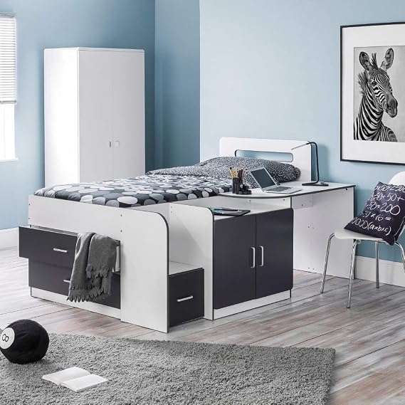 happybeds Mid Sleeper with Storage, Cookie White Charcoal Grey Multicolour Wood Modern Cabin Bed - 3ft Single (90 x 190 cm) Frame Only