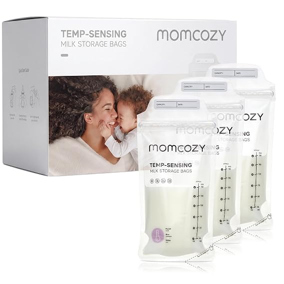 Momcozy Breastmilk Storing Bags, Temp-Sensing Discoloration Breastfeeding Essentials, Disposable Thickened Milk Storage Bag with 6 Ounce Self-Standing, No-Leak Milk Freezer Storage Pouches, 50pcs