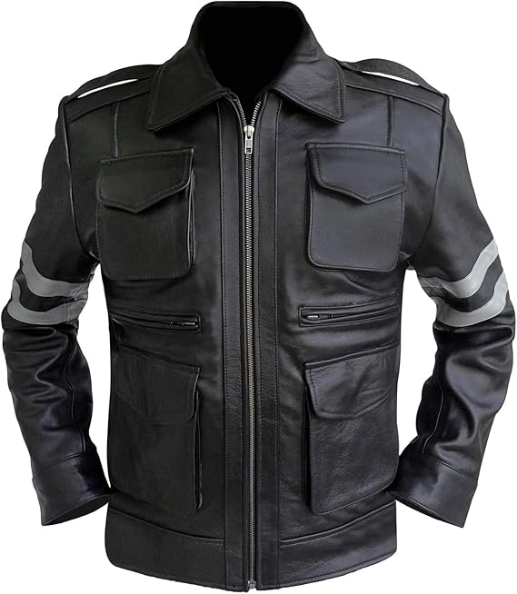 Mens Leon Kennedy Jacket Resident 6 Costume Video Game Superhero Black Genuine Leather Motorcycle Jacket