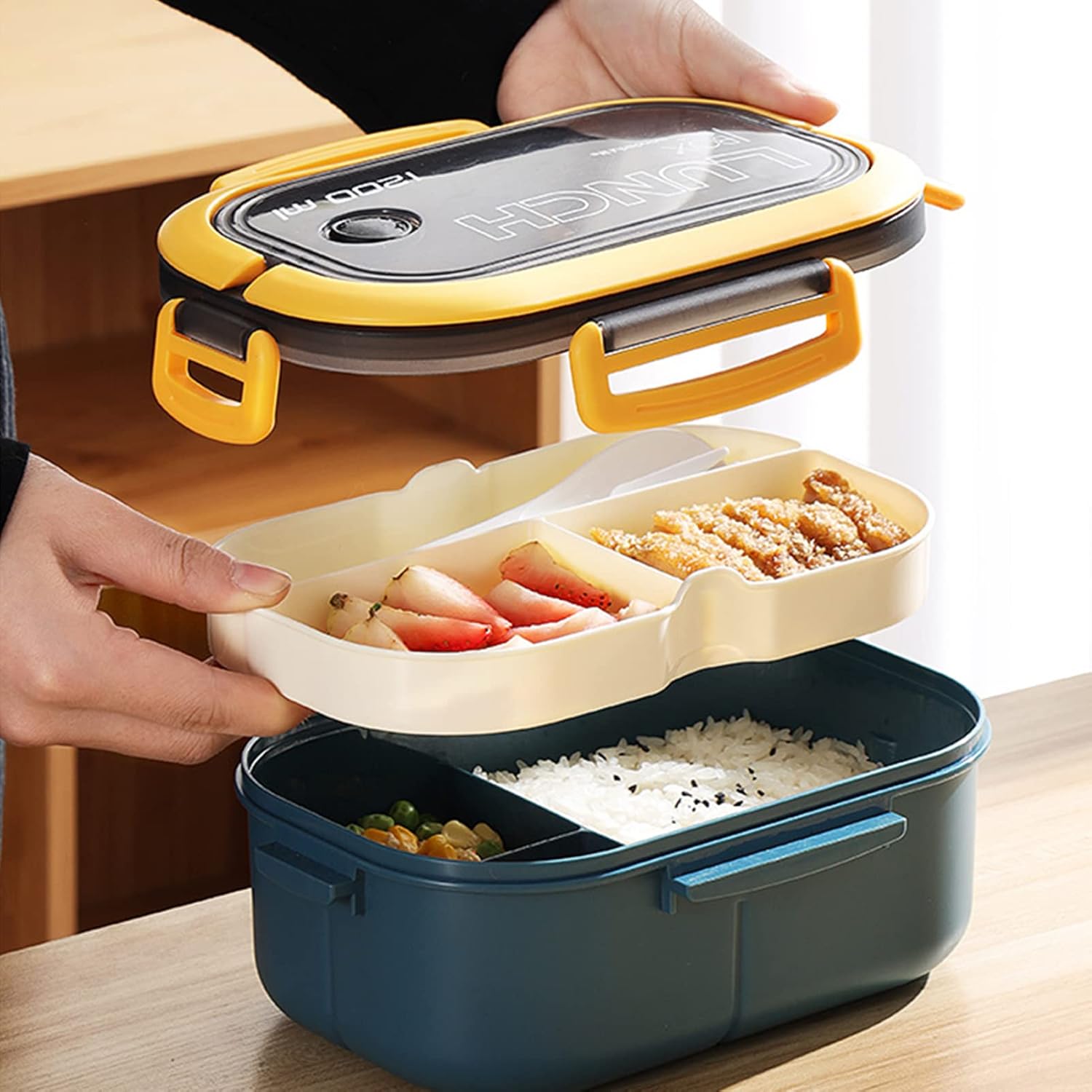 Chchmu Bento Box with Compartments Portable Lunch Box with Handle Leakproof Salad Box Double-layered Lunch Containers with Cutlery Work Picnic Travel, Microwave Available, Blue
