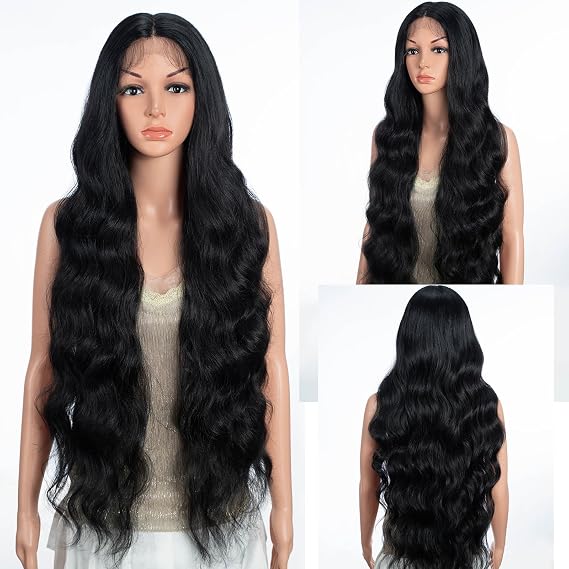 13x4 T Part Lace Front Body Wave Synthetic Wig Extra Long Wavy Middle Part Wigs Pre Plucked Hairline with Baby Hair 36 Inches 1B Color